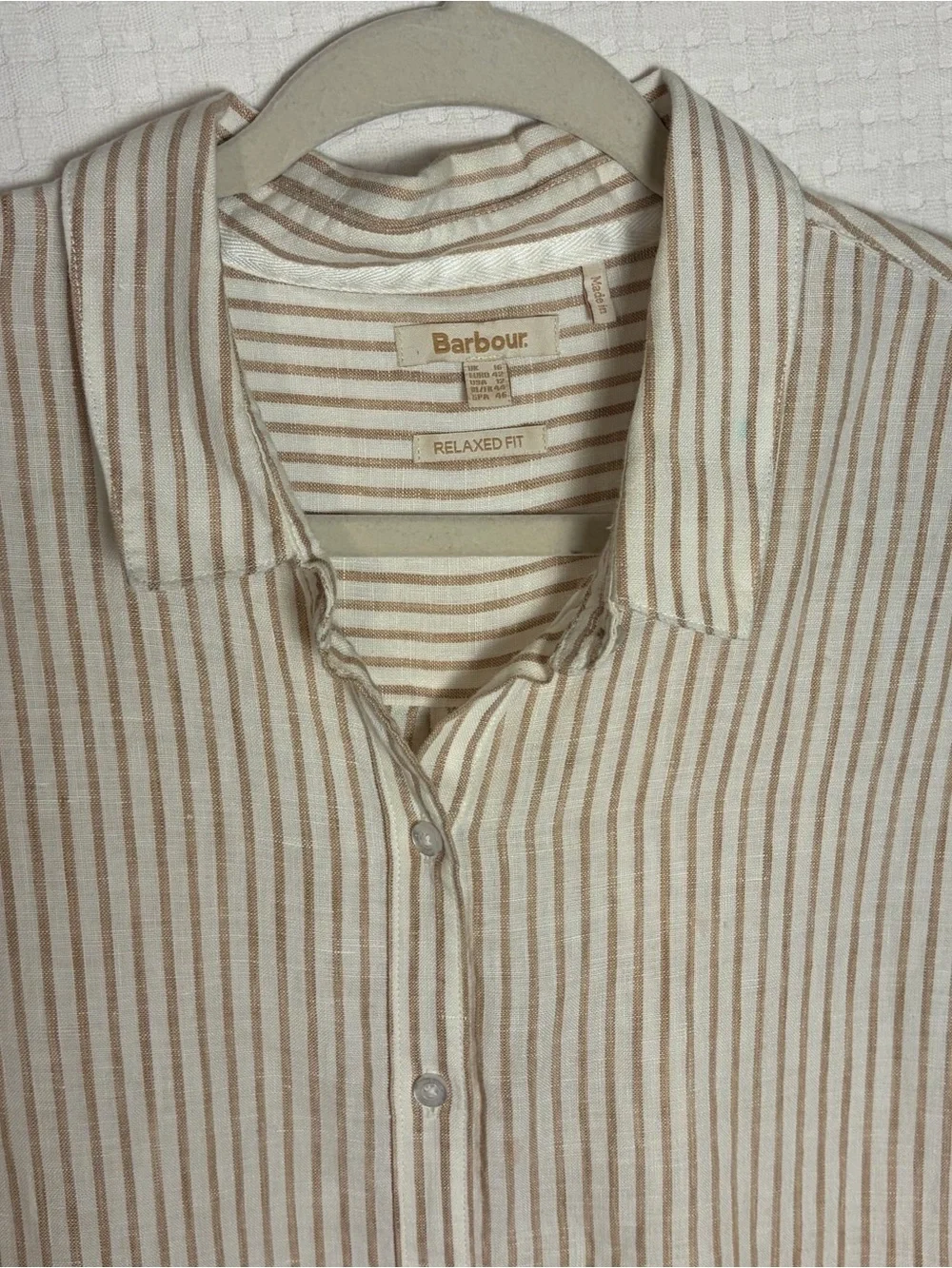 Barbour Striped Button Up 100% Linen Shirt Tan Beige Women’s 12 TINY STAIN